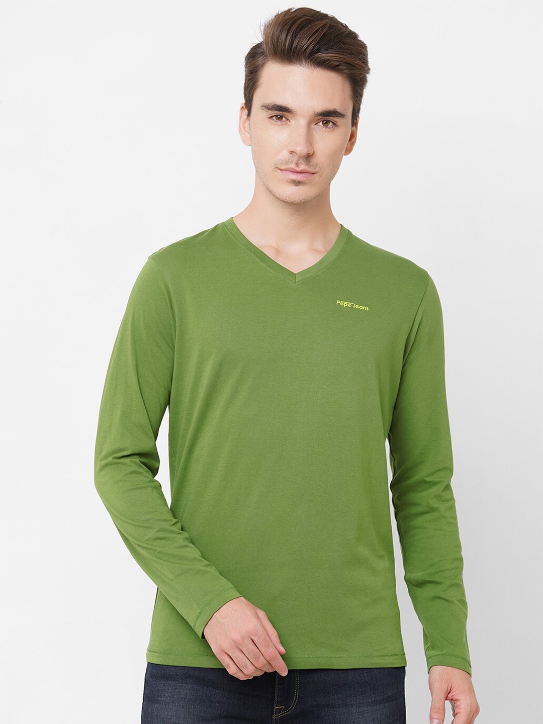 

Pepe Jeans Men Olive Green V-Neck T-shirt