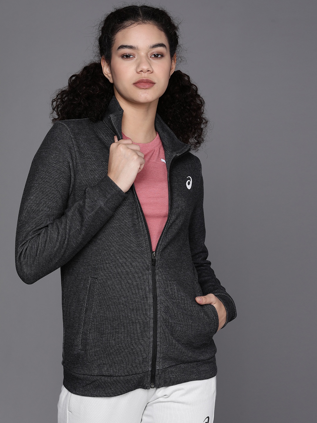 

ASICS Women Charcoal Solid Mock-Collar Lightweight Training Sporty Training Jacket