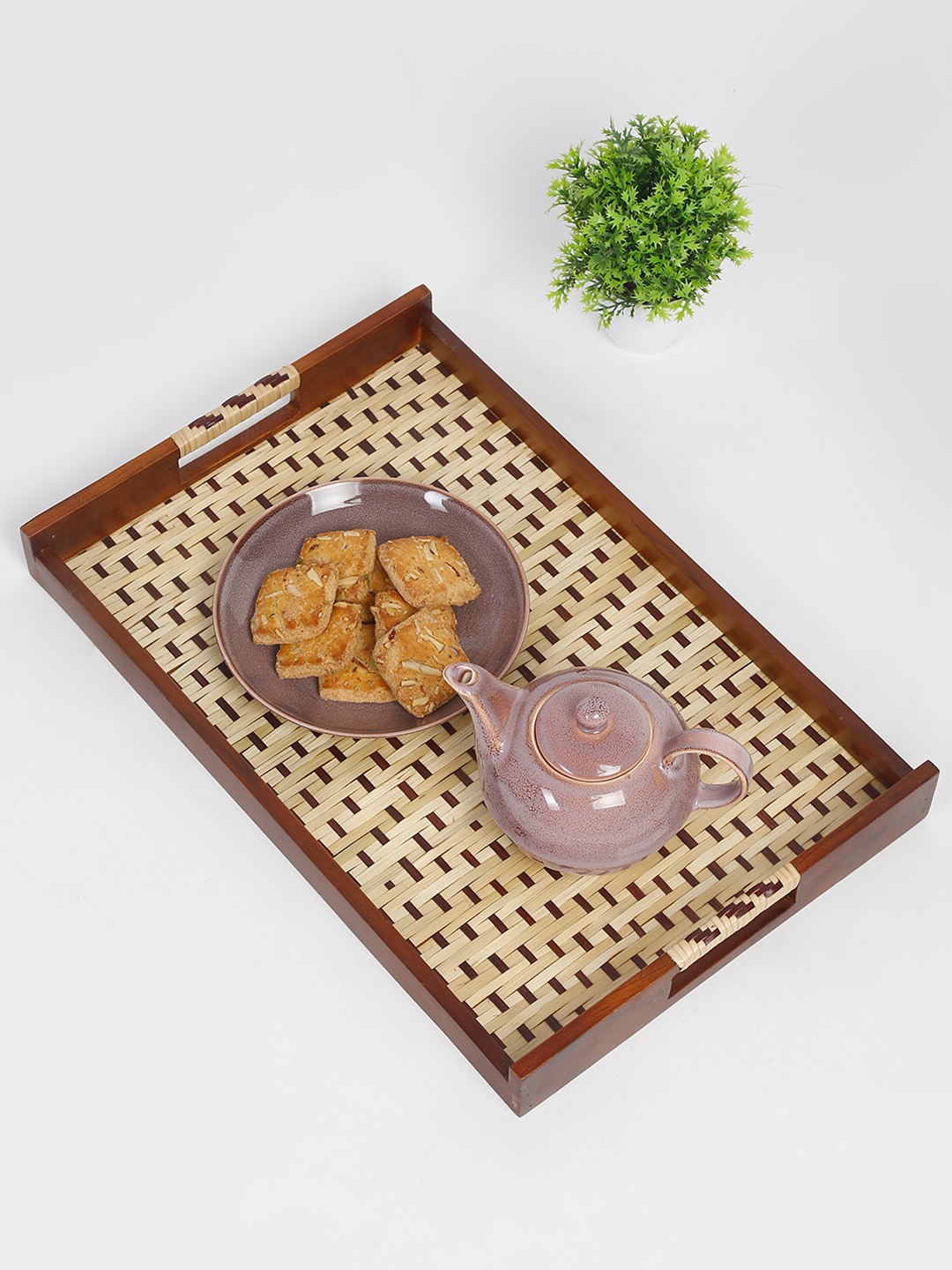 

Fabindia Beige & Brown Wood Cane Bamboo Woven Rectangle Tray