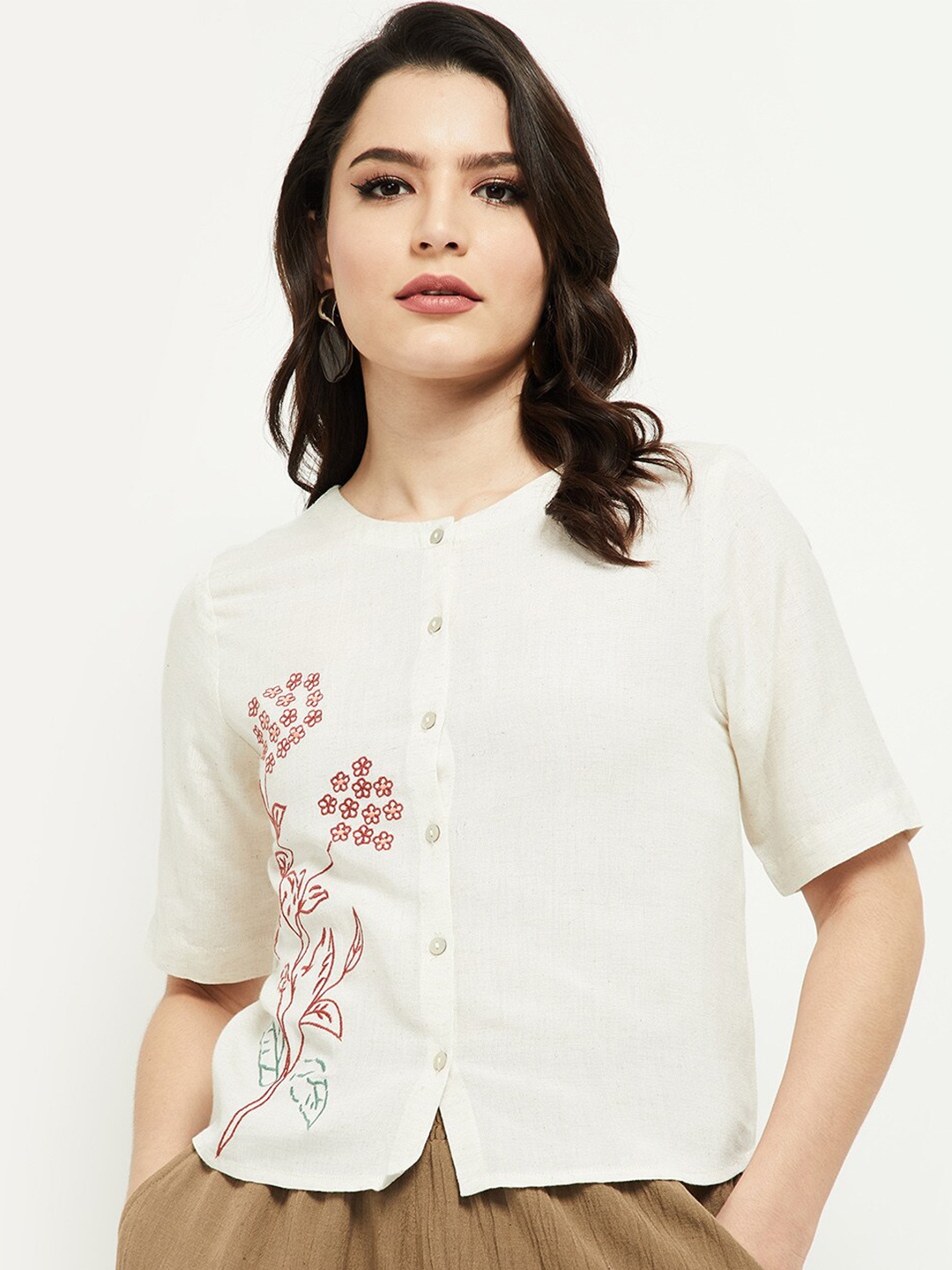 

max Off White Floral Embroidered Shirt Style Top