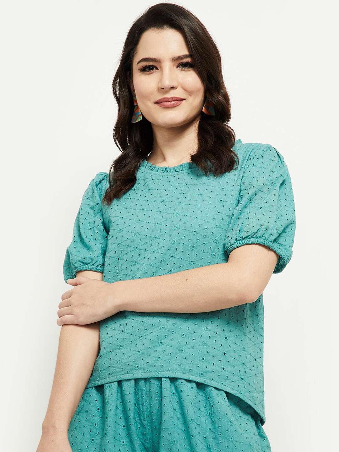

max Green Schiffli Cotton Puff Sleeves Top