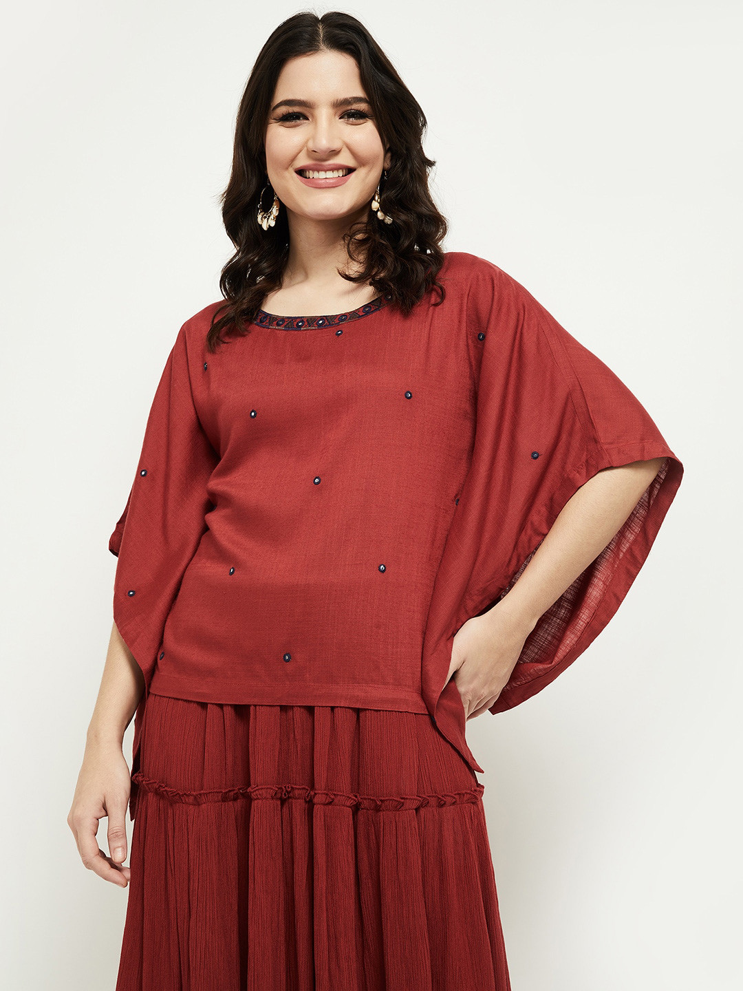 

max Red Mirror Embellished Kaftan Top