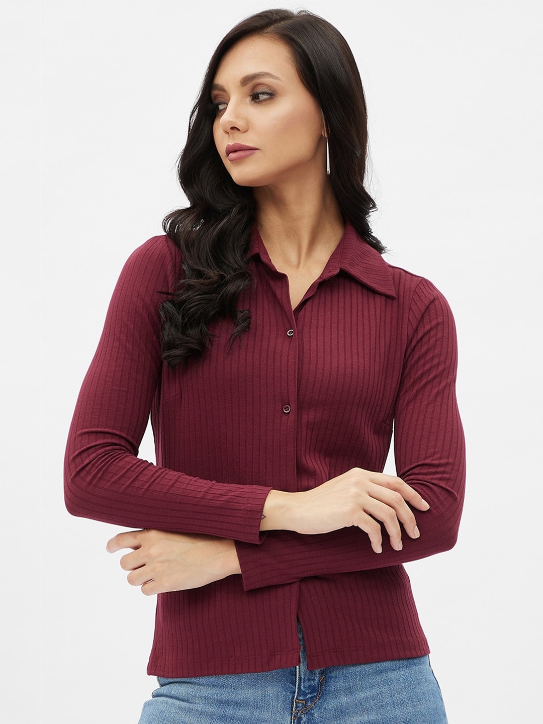 

Harpa Women Maroon Opaque Striped Casual Shirt