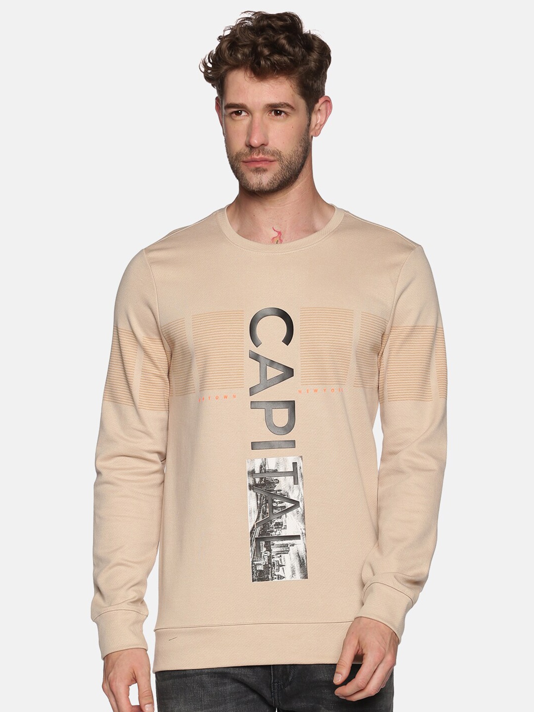 

SHOWOFF Men Beige Printed Round Neck Sweatshirt