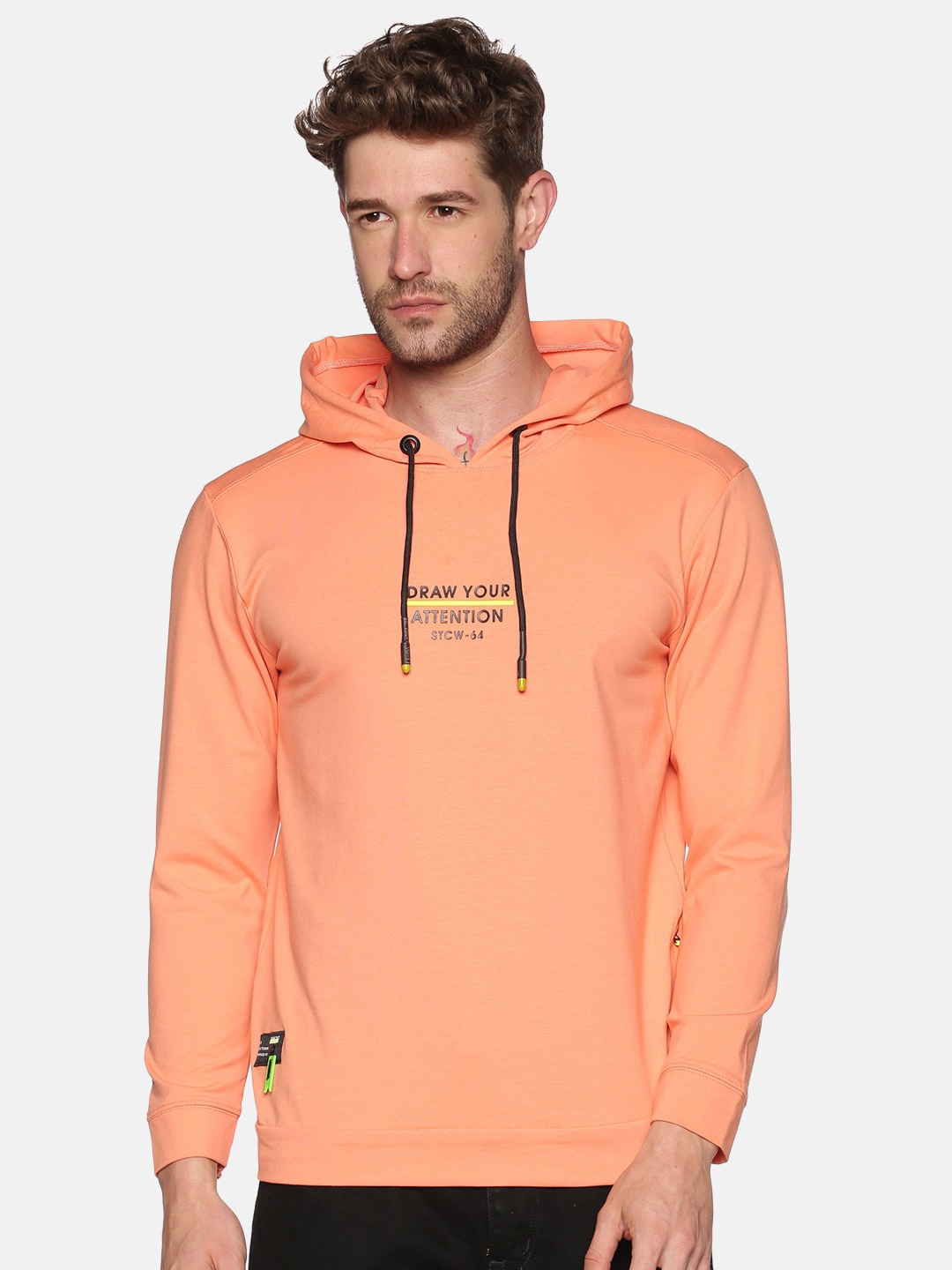 

SHOWOFF Men Peach & Black Printed Hooded Sweatshirt