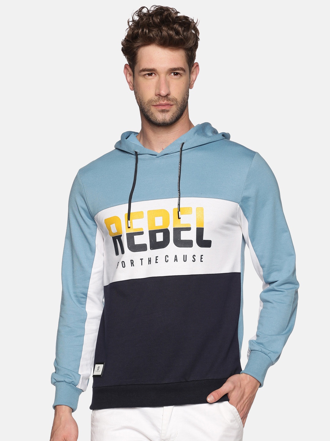 

SHOWOFF Men Blue & White Colourblocked Hooded Sweatshirt