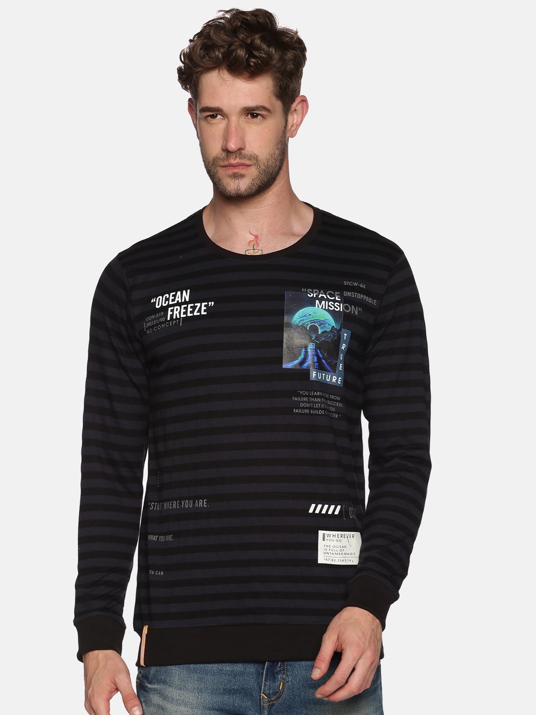 

SHOWOFF Men Black Striped Sweatshirt