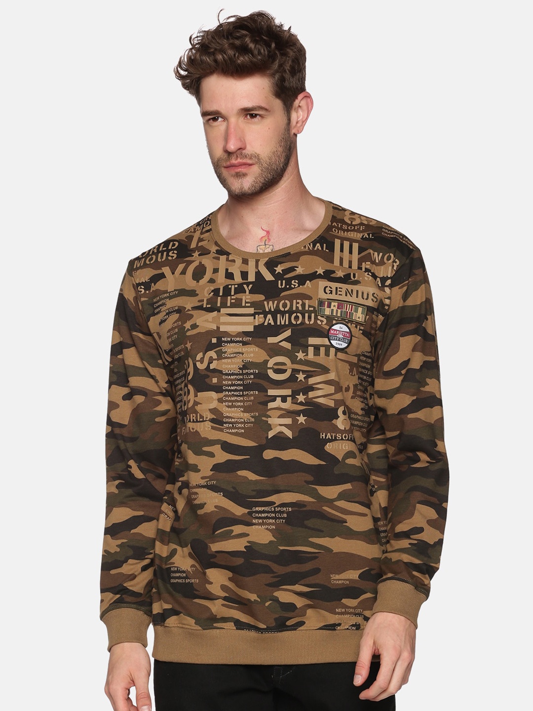 

SHOWOFF Men Beige Printed Round Neck Sweatshirt