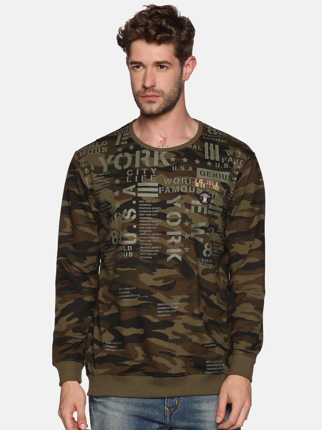

SHOWOFF Men Olive Green Printed Sweatshirt