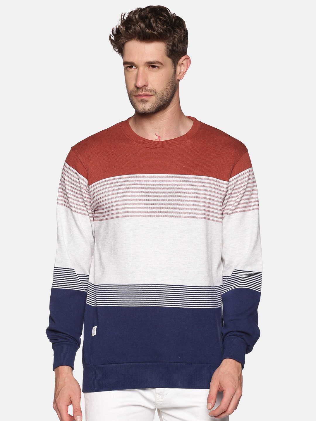 

SHOWOFF Men Rust Red & Navy Blue Colourblocked Cotton Sweatshirt