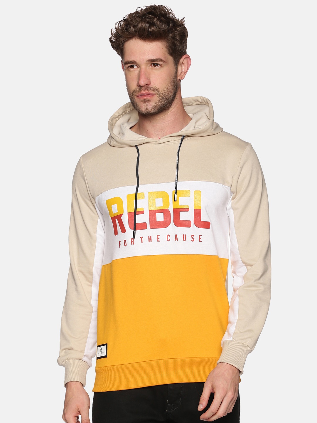 

SHOWOFF Men Beige Printed Hooded Cotton Sweatshirt