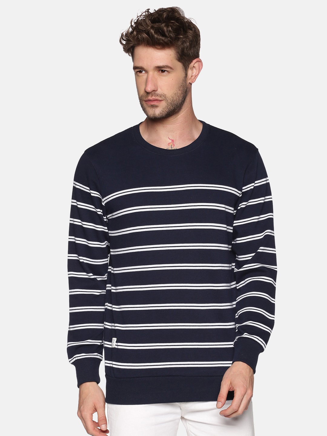 

SHOWOFF Men Navy Blue Striped Sweatshirt