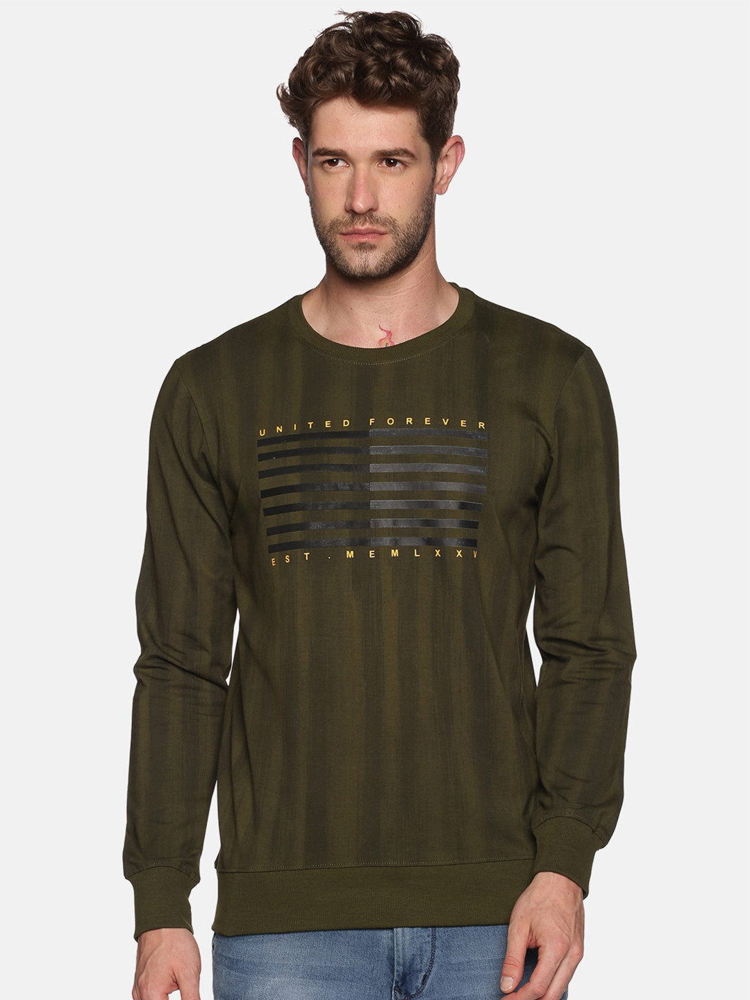 

SHOWOFF Men Olive Green Printed Sweatshirt