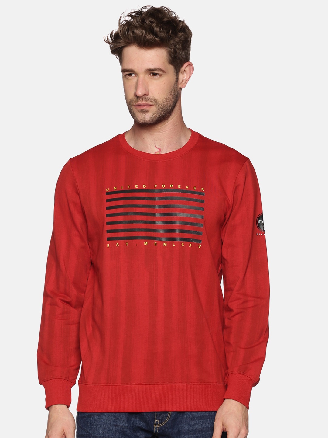 

SHOWOFF Men Red Striped Round Neck Sweatshirt