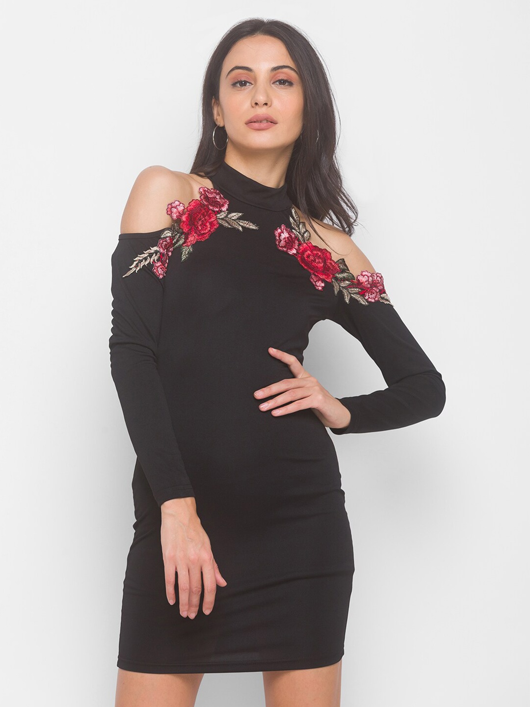 

LYKKEIN Black & Red Cold Shoulder Flower Applique Bodycon Dress