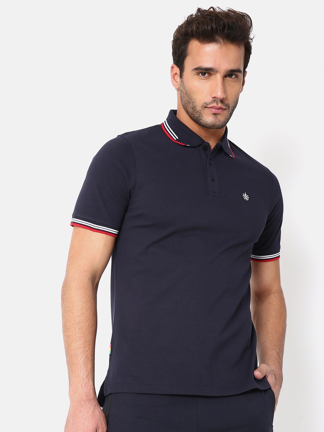 

Cultsport Men Navy Blue Polo Collar Cotton T-shirt
