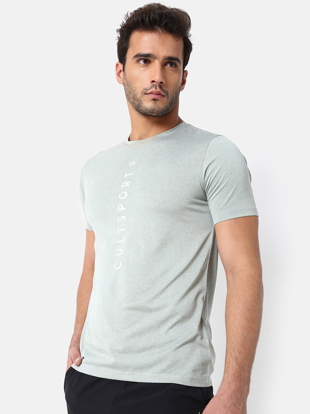 

Cultsport Men Grey & White Brand Logo Printed Running T-shirt