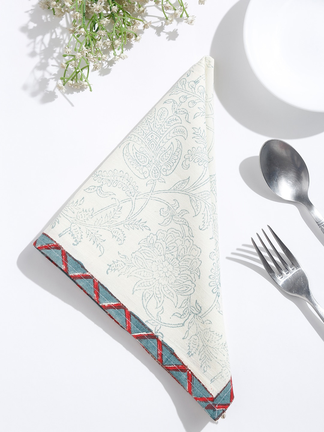 

Fabindia Set of 4 Off White & Teal Green Printed Napkin