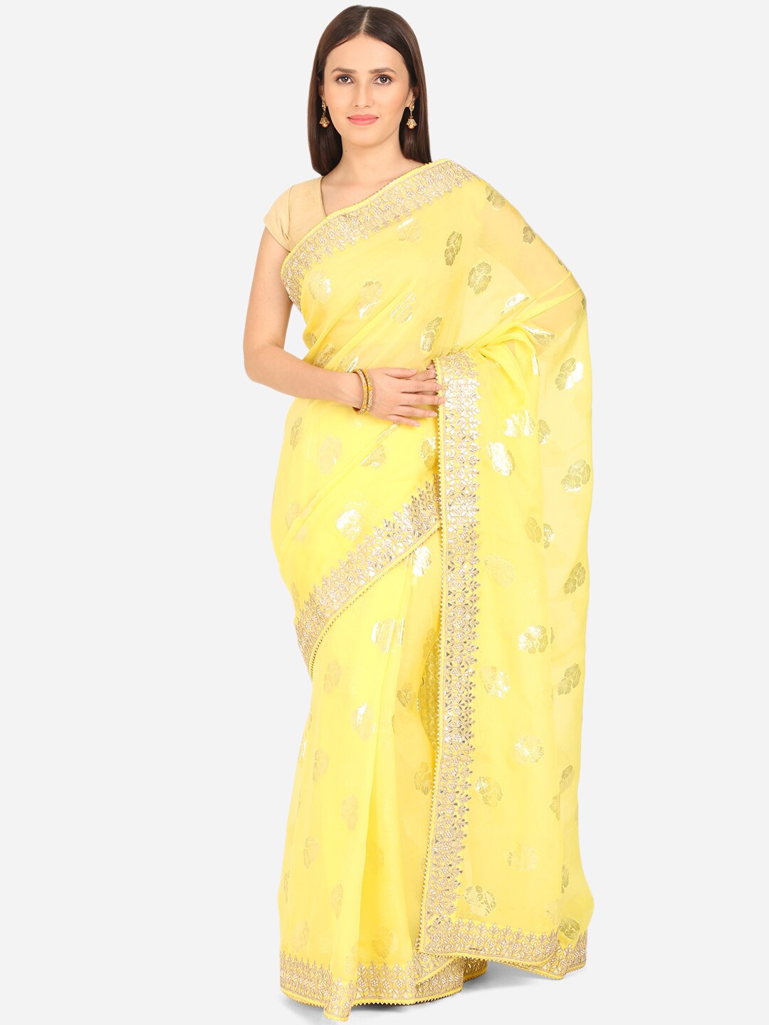 

BOMBAY SELECTIONS Yellow & Silver Ethnic Motifs Zari Organza Saree