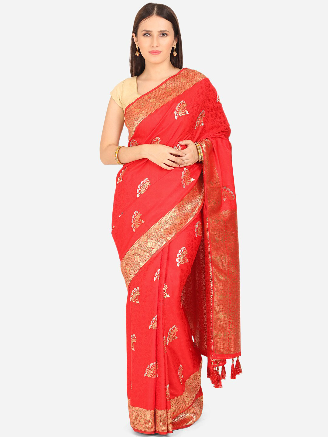 

BOMBAY SELECTIONS Red & Gold-Toned Floral Zari Art Silk Banarasi Saree