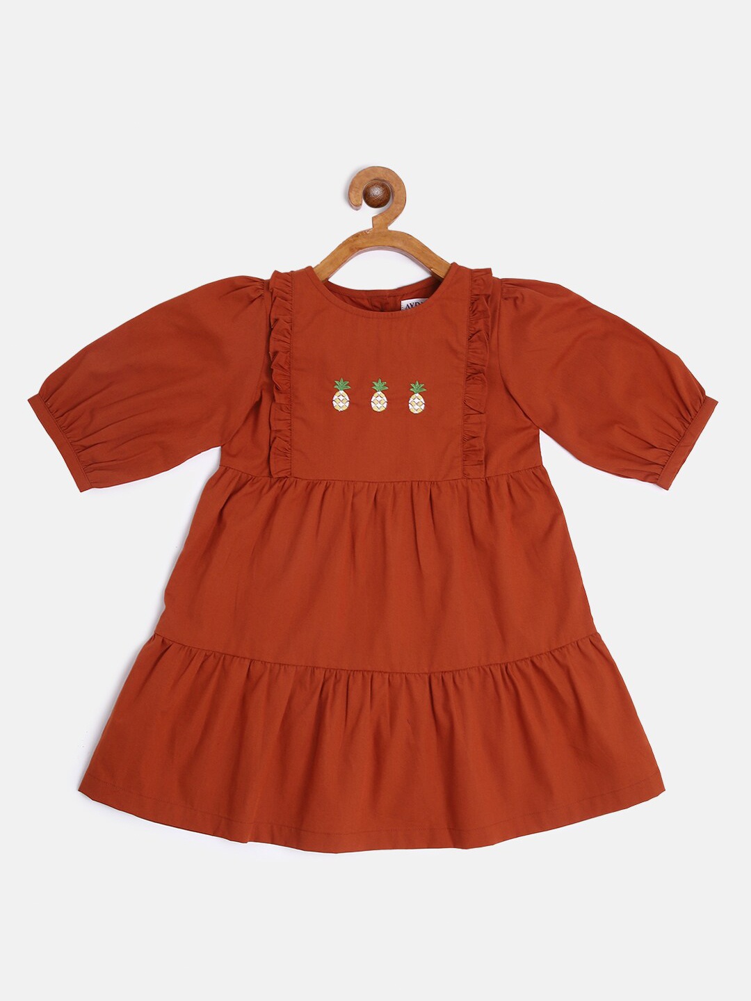 

AYDA KIDS Rust Orange Embroidered Cotton A-Line Dress