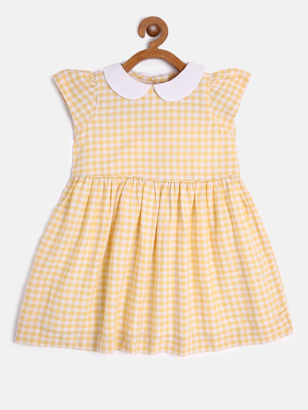 

AYDA KIDS Girls Yellow & White Checked Peter Pan Collar Fit & Flare Dress