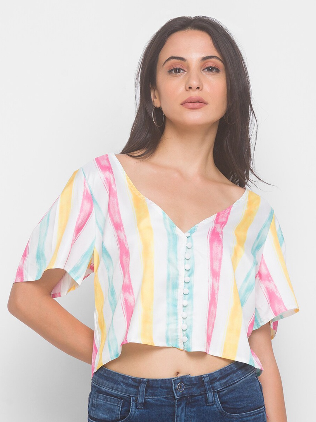 

LYKKEIN Multicoloured Striped Boxy Crop Top, Multi