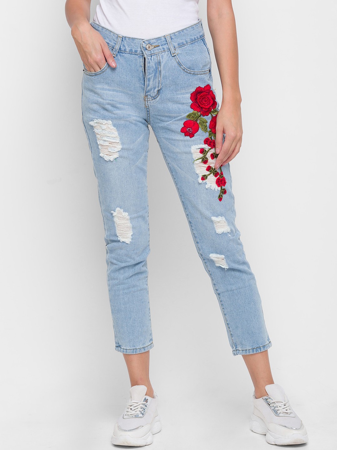 

LYKKEIN Women Blue Rose Applique Mildly Ripped Distressed Light Fade Jeans
