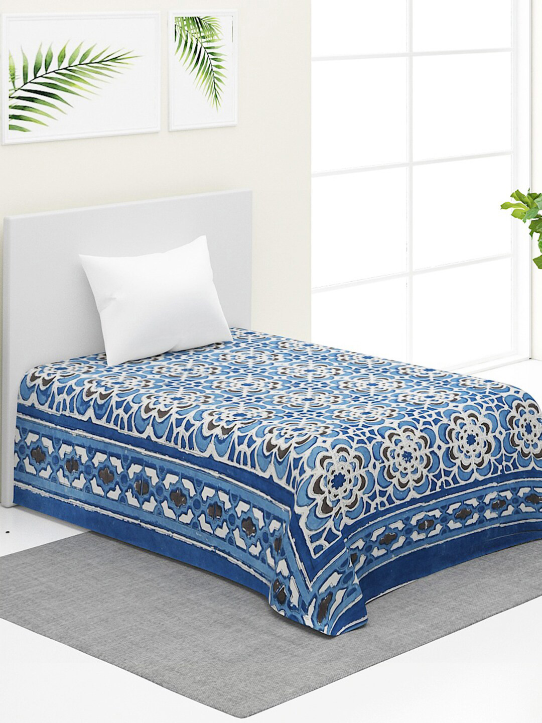 

Fabindia Navy-Blue & White Printed Cotton Single Bed Cover