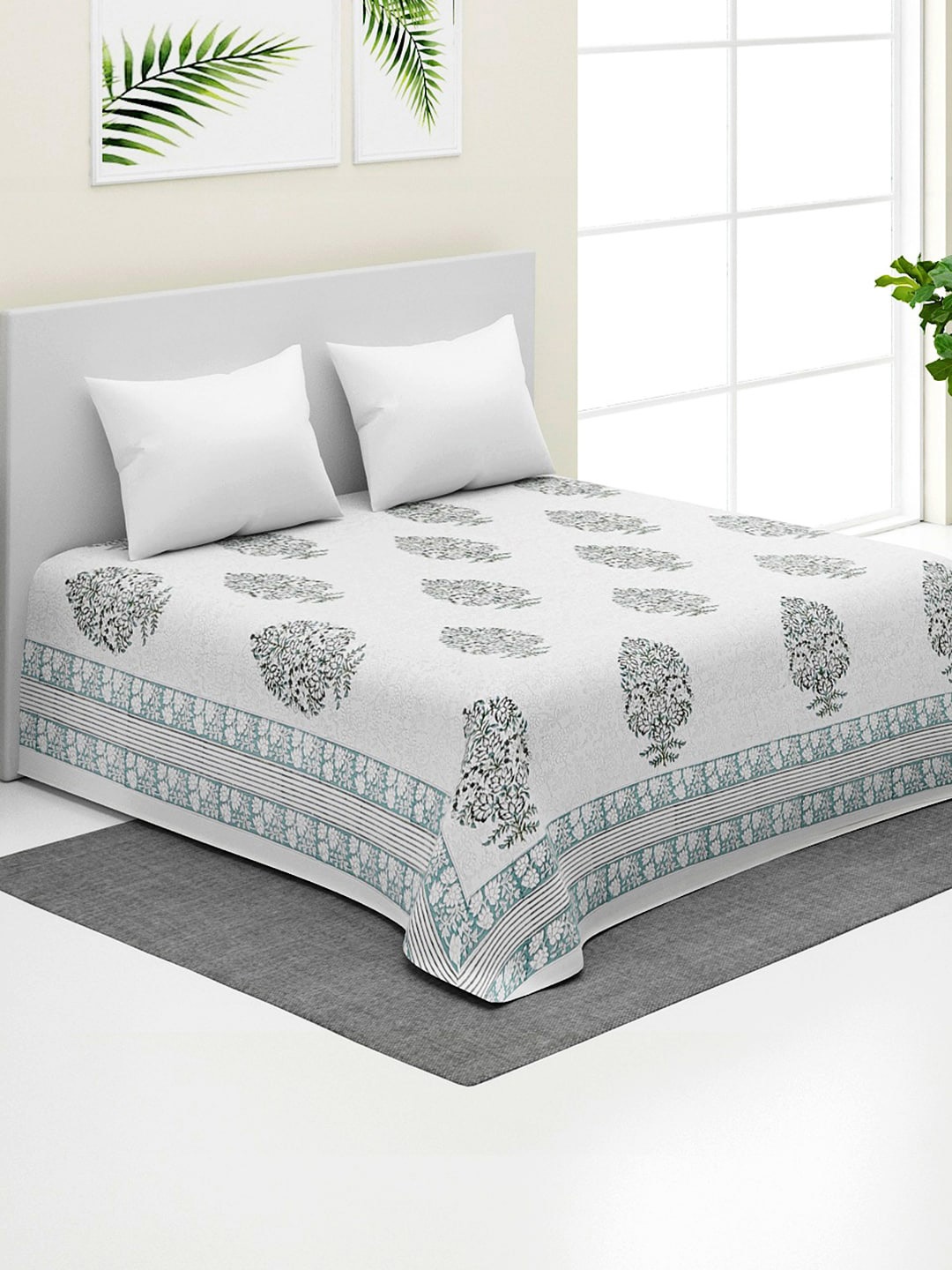 

Fabindia Teal Cotton Floral Printed Double Queen Bed Covers