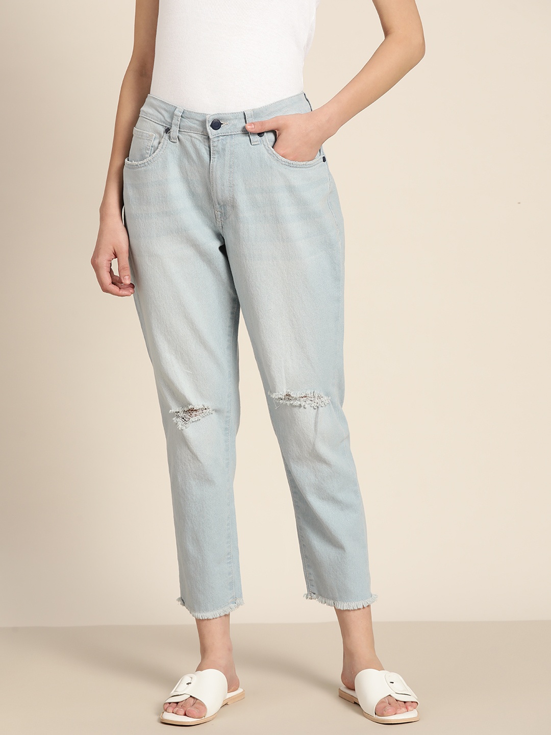 

ether Women Blue Boyfriend Fit Slash Knee Stretchable Jeans