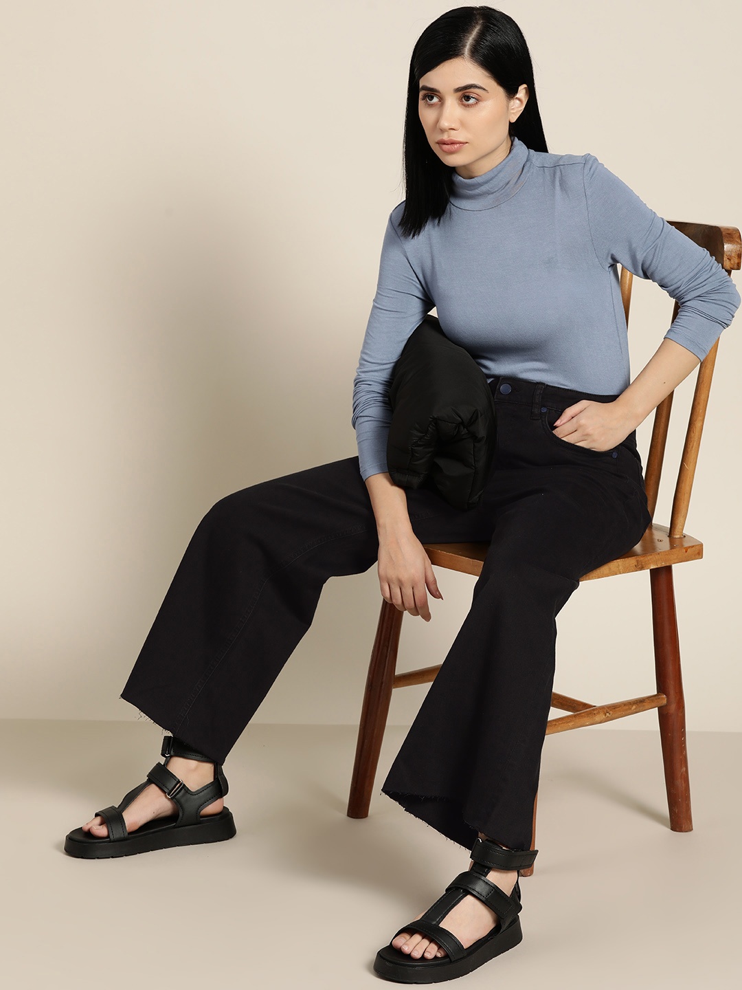 

ether Women Black Wide Leg High-Rise Stretchable Jeans