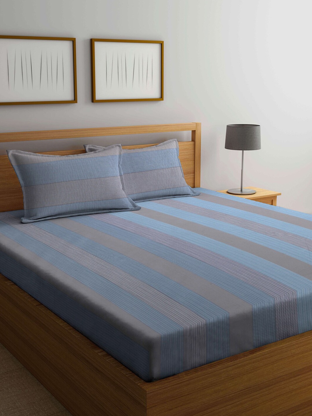 

Arrabi Grey & Blue Striped 300 TC Pure Cotton King Bedsheet with 2 Pillow Covers