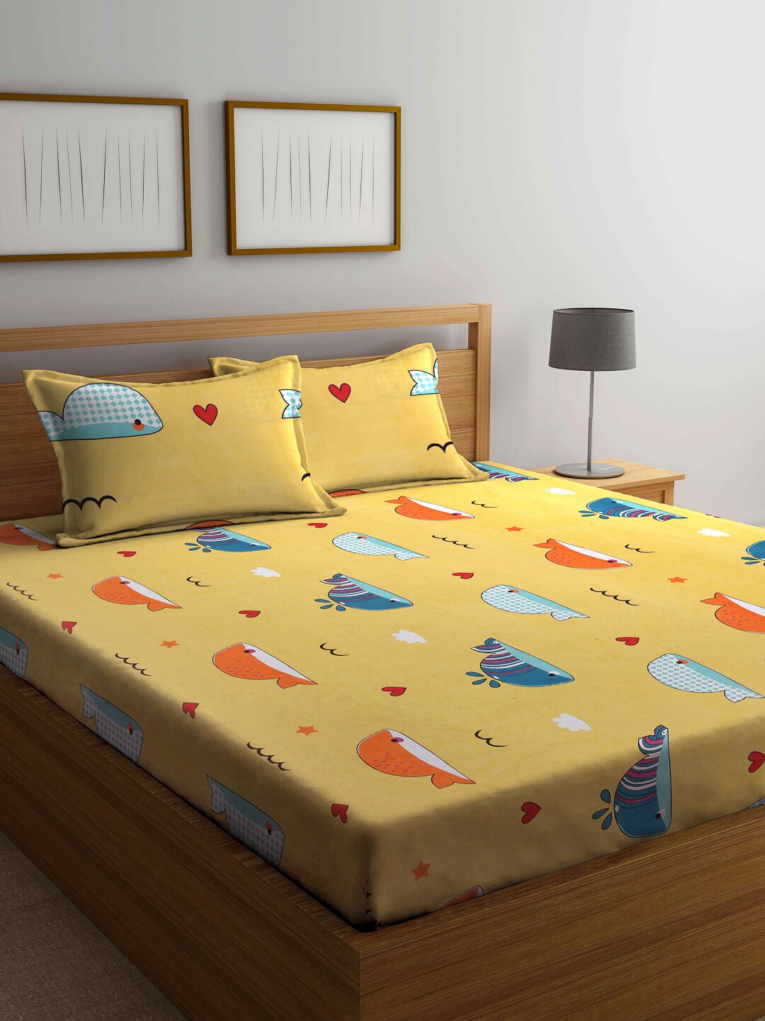 

Arrabi Kids 300 TC Yellow Printed Cotton Double Bedsheet with 2 Pillow Covers