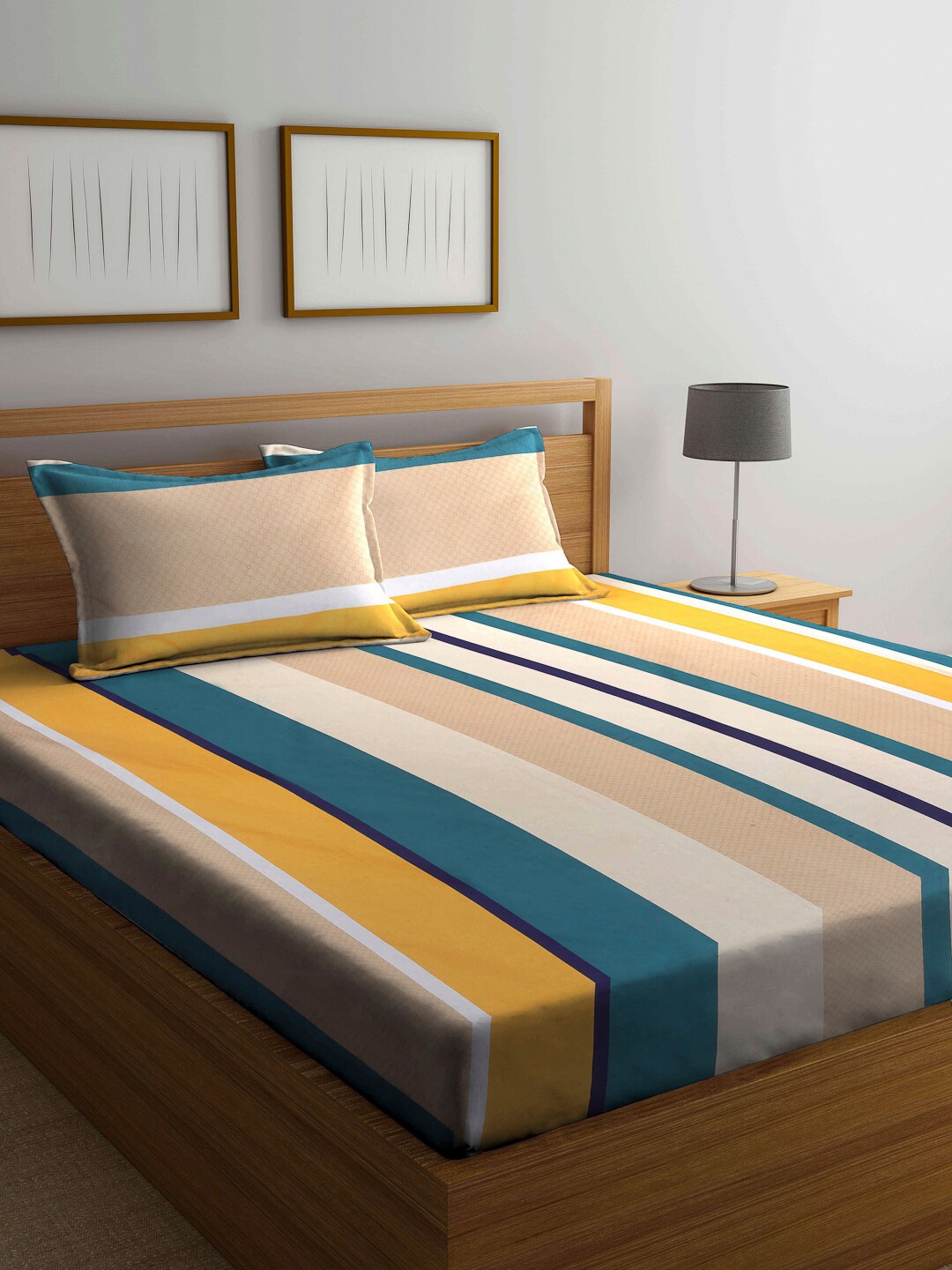 

Arrabi Cream-Coloured & Teal Striped 300 TC King Bedsheet with 2 Pillow Covers