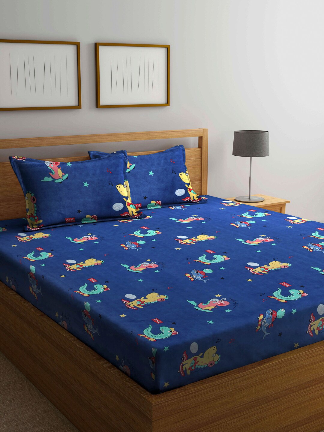 

Arrabi Blue & Green Cartoon Characters 300 TC King Bedsheet with 2 Pillow Covers