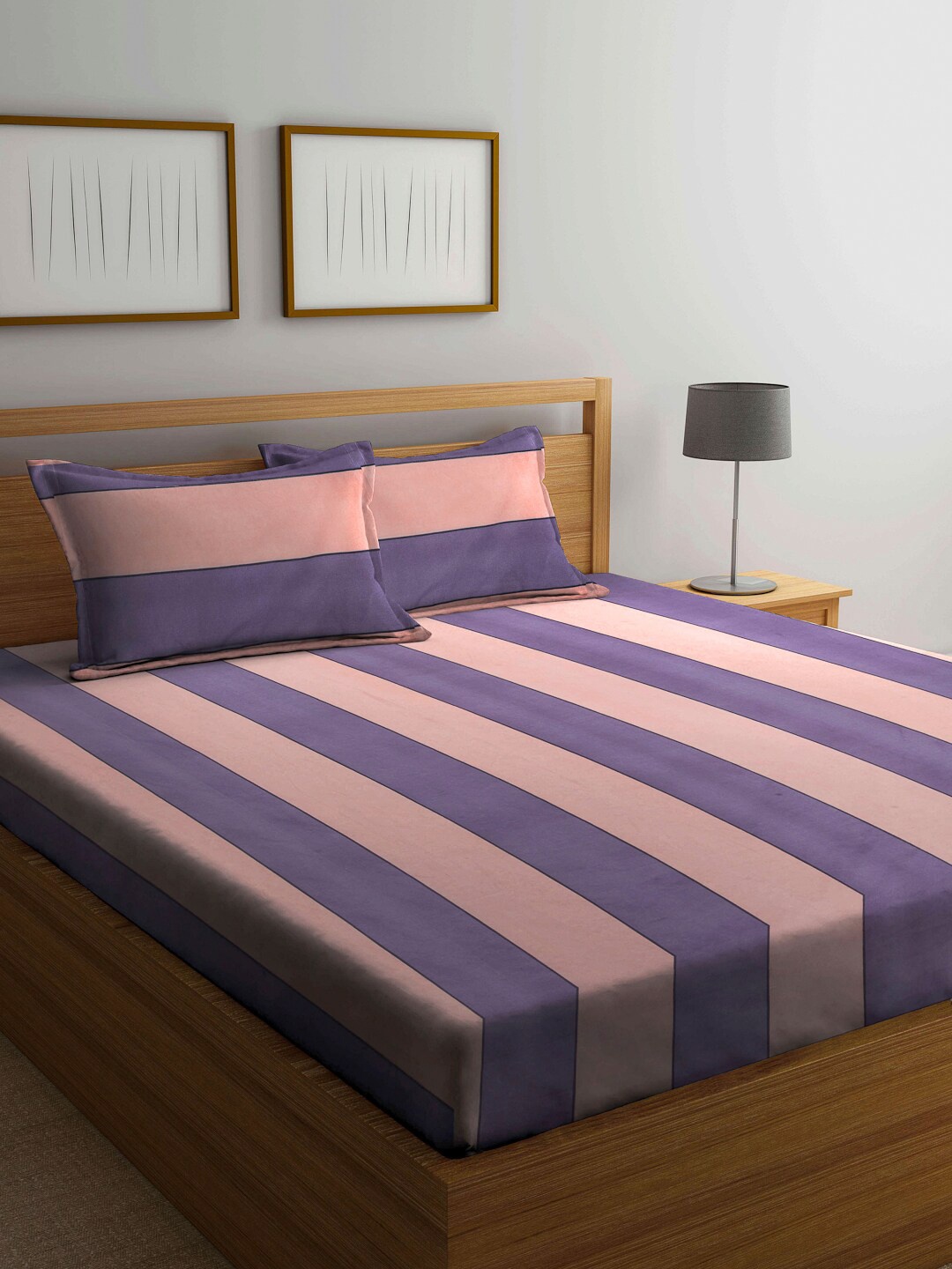 

Arrabi Grey & Pink Striped 300 TC Pure Cotton King Bedsheet with 2 Pillow Covers
