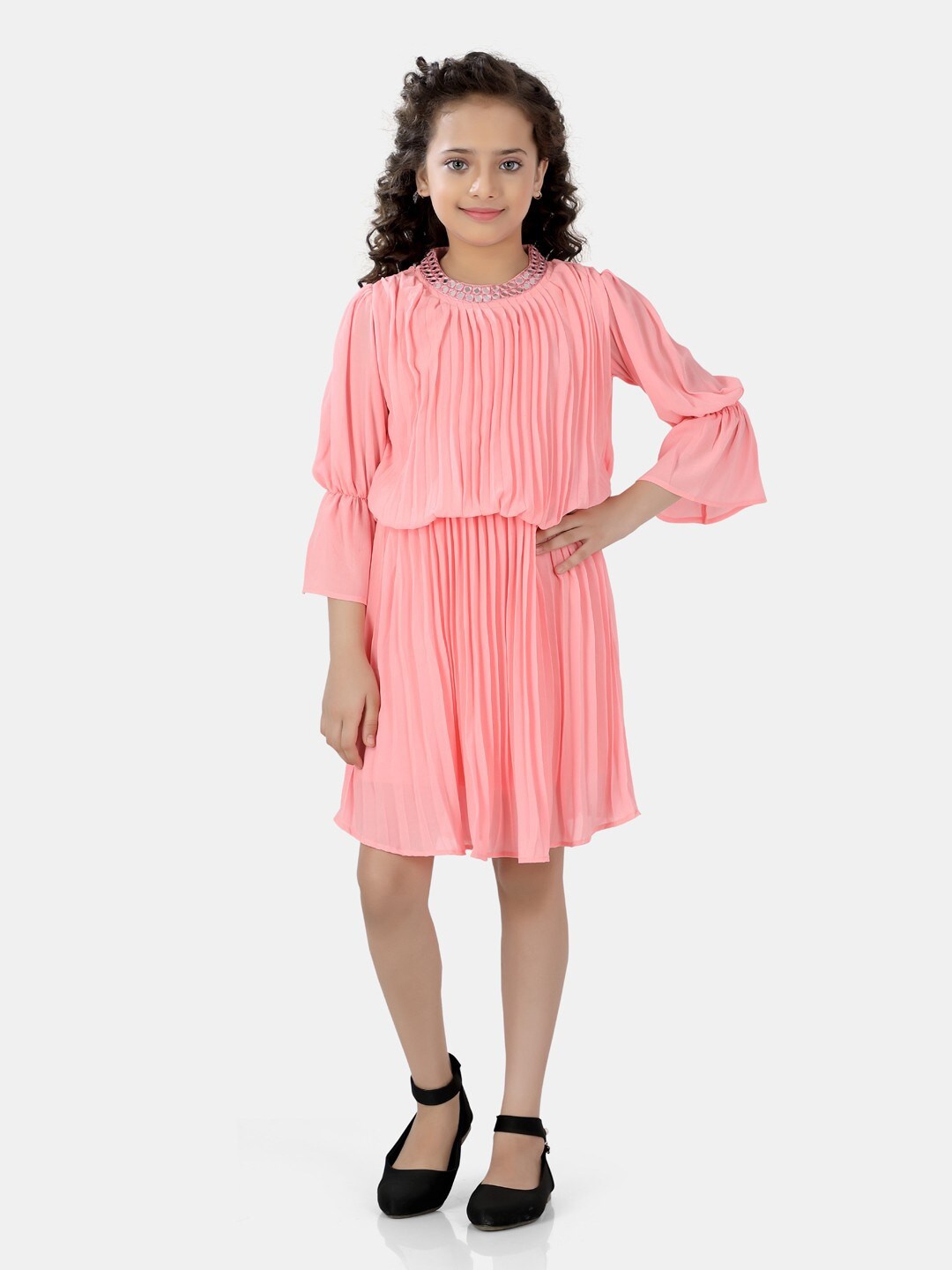 

POPLINS Girls Pink Solid High Neck Empire Dress