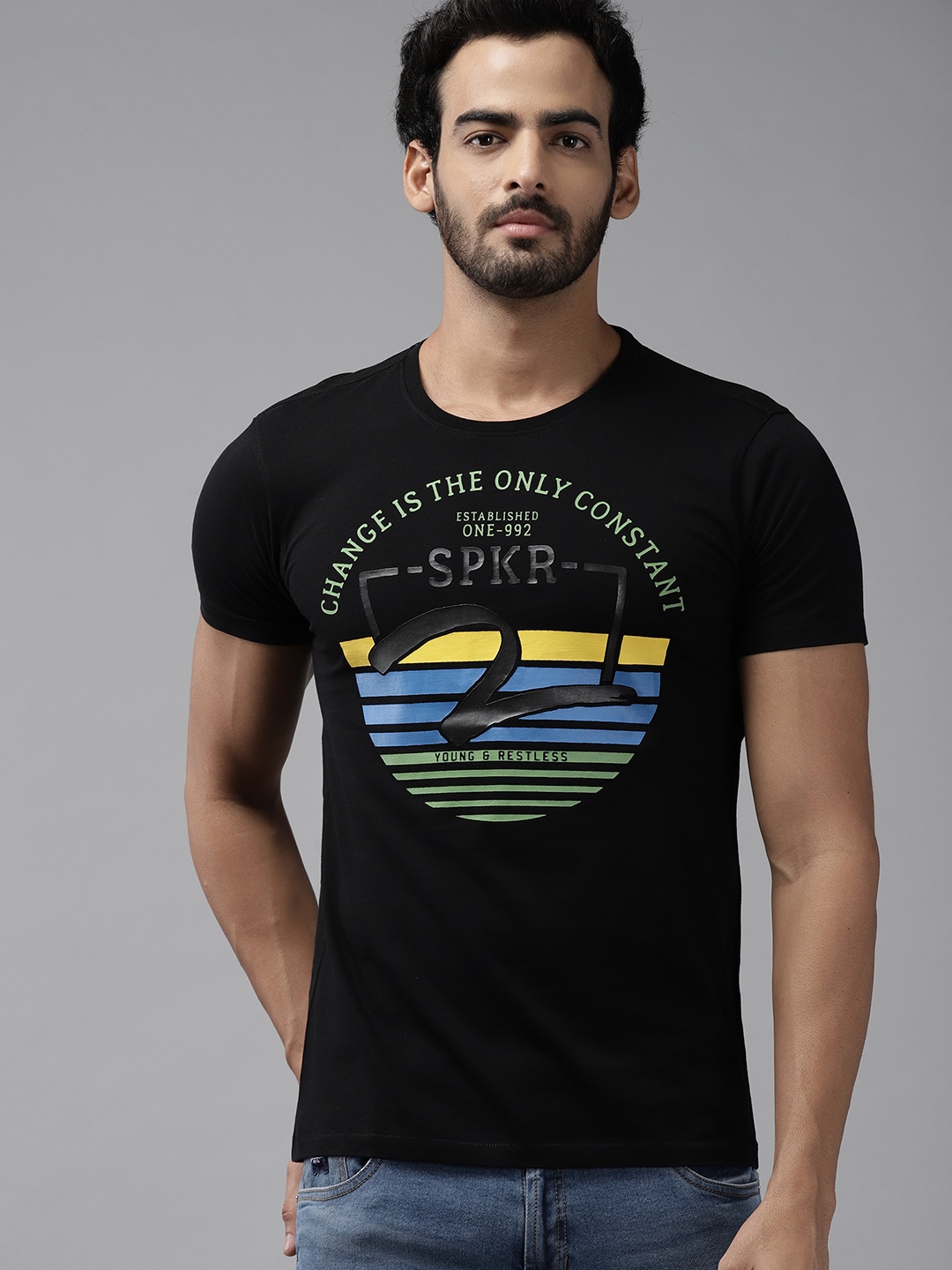 

SPYKAR Men Black & Green Typography Printed Pure Cotton Slim Fit T-shirt