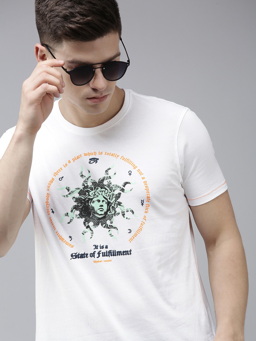 

SPYKAR Men White Printed Pure Cotton Slim Fit Casual T-shirt