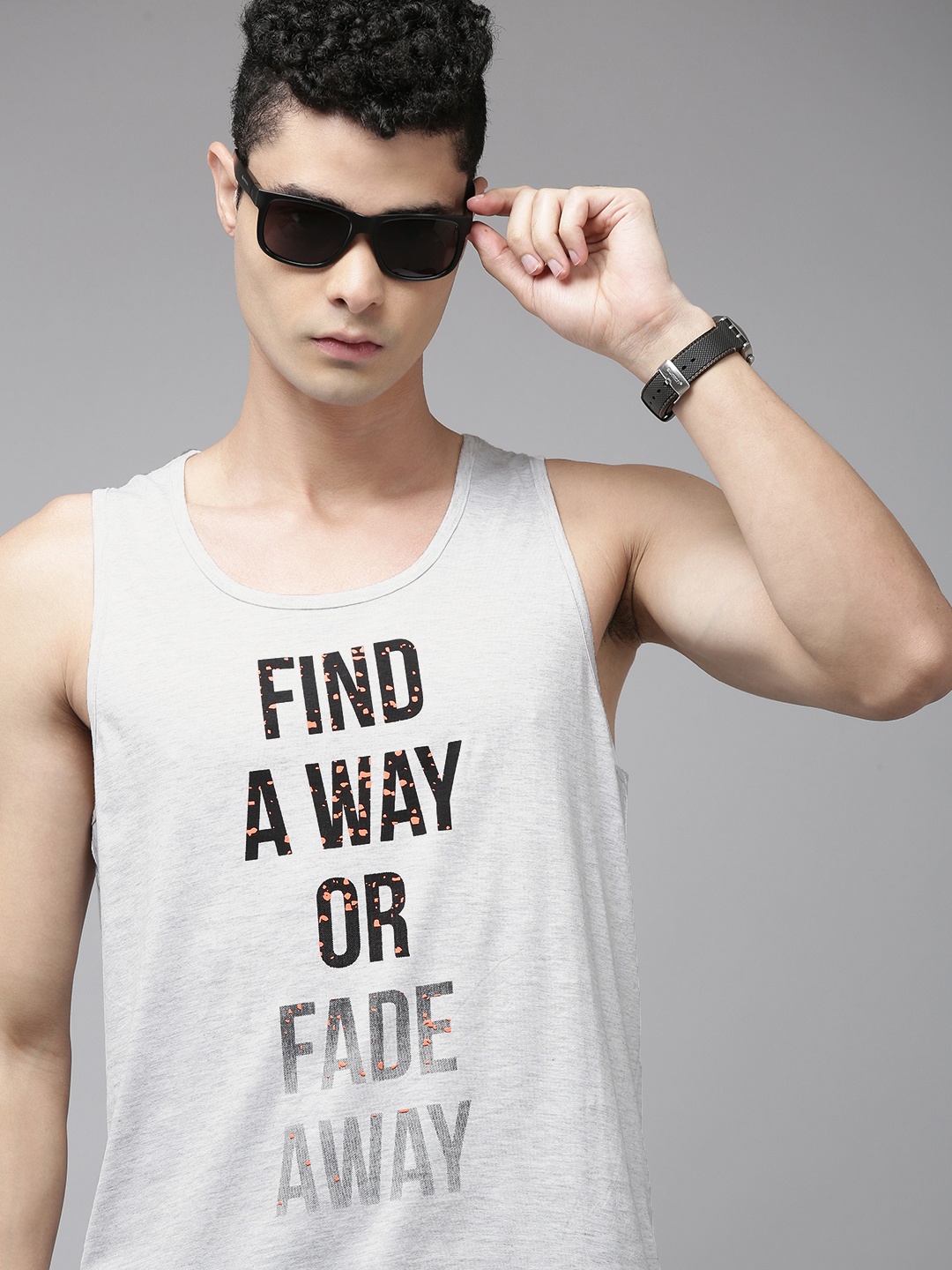 

SPYKAR Men Grey Melange Typography Print Round Neck Slim Fit Tank T-shirt