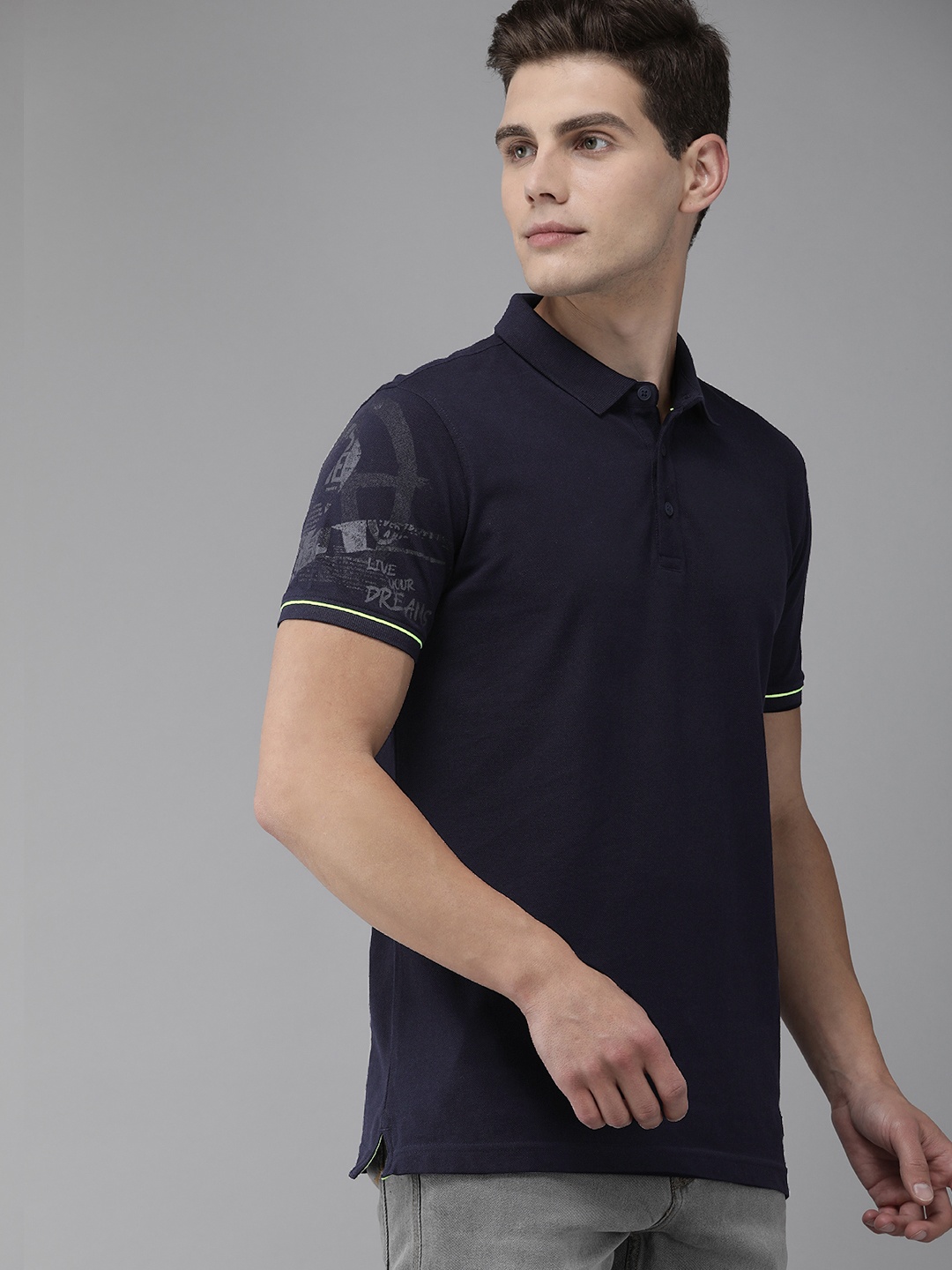 

SPYKAR Men Navy Blue Printed Polo Collar Slim Fit Pure Cotton T-shirt
