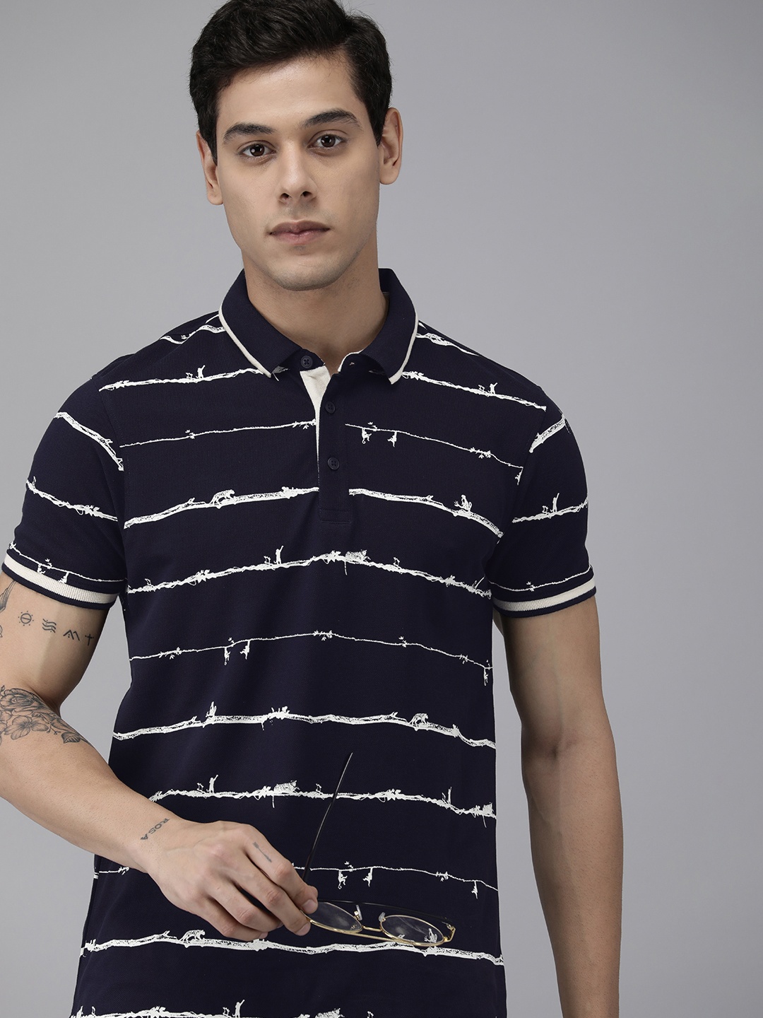 

SPYKAR Men Navy Blue & White Printed Polo Collar Slim Fit Casual T-shirt