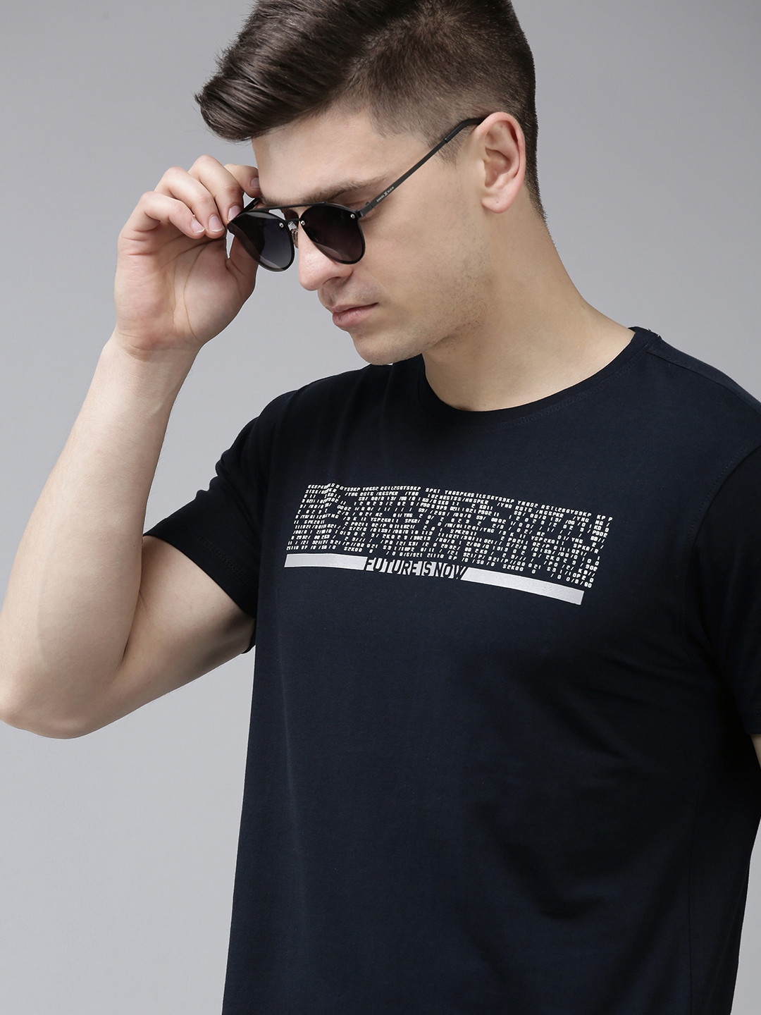 

SPYKAR Men Navy Blue & White Printed Slim Fit T-shirt