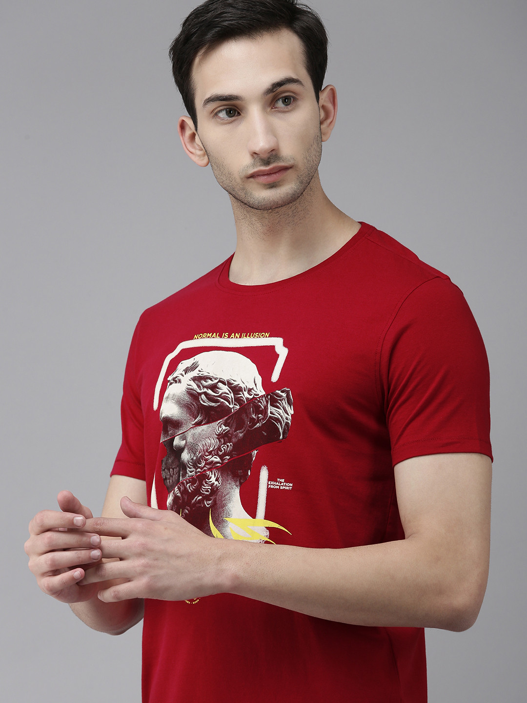 

SPYKAR Men Red & Grey Graphic Printed Slim Fit Pure Cotton T-shirt