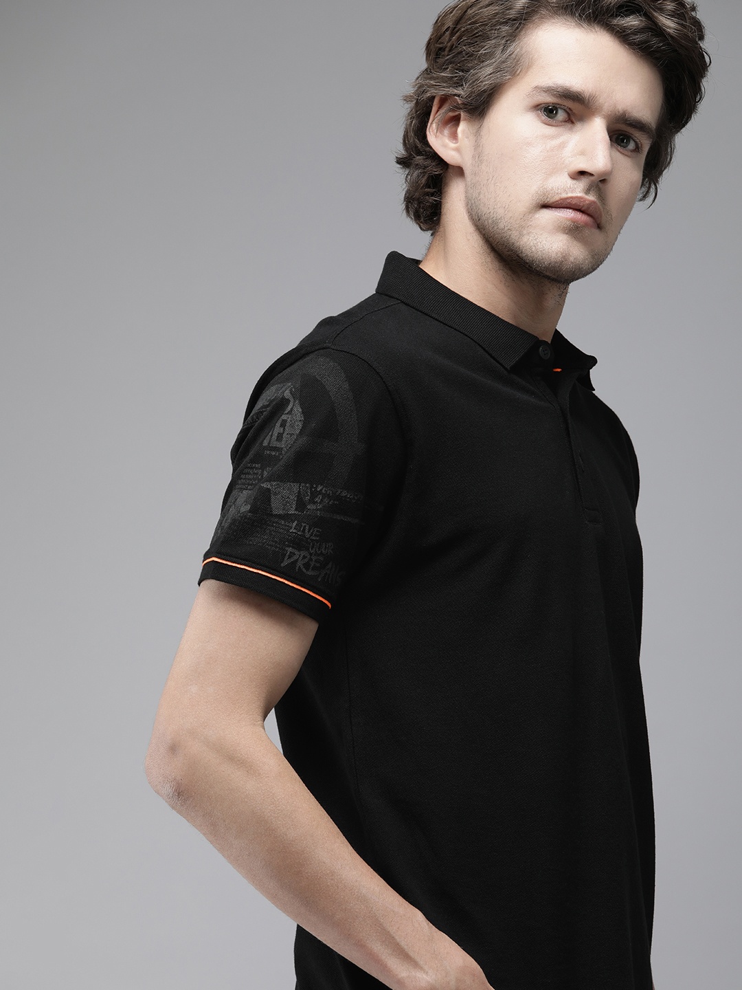 

SPYKAR Men Black Typography Printed Polo Collar Slim Fit Pure Cotton T-shirt