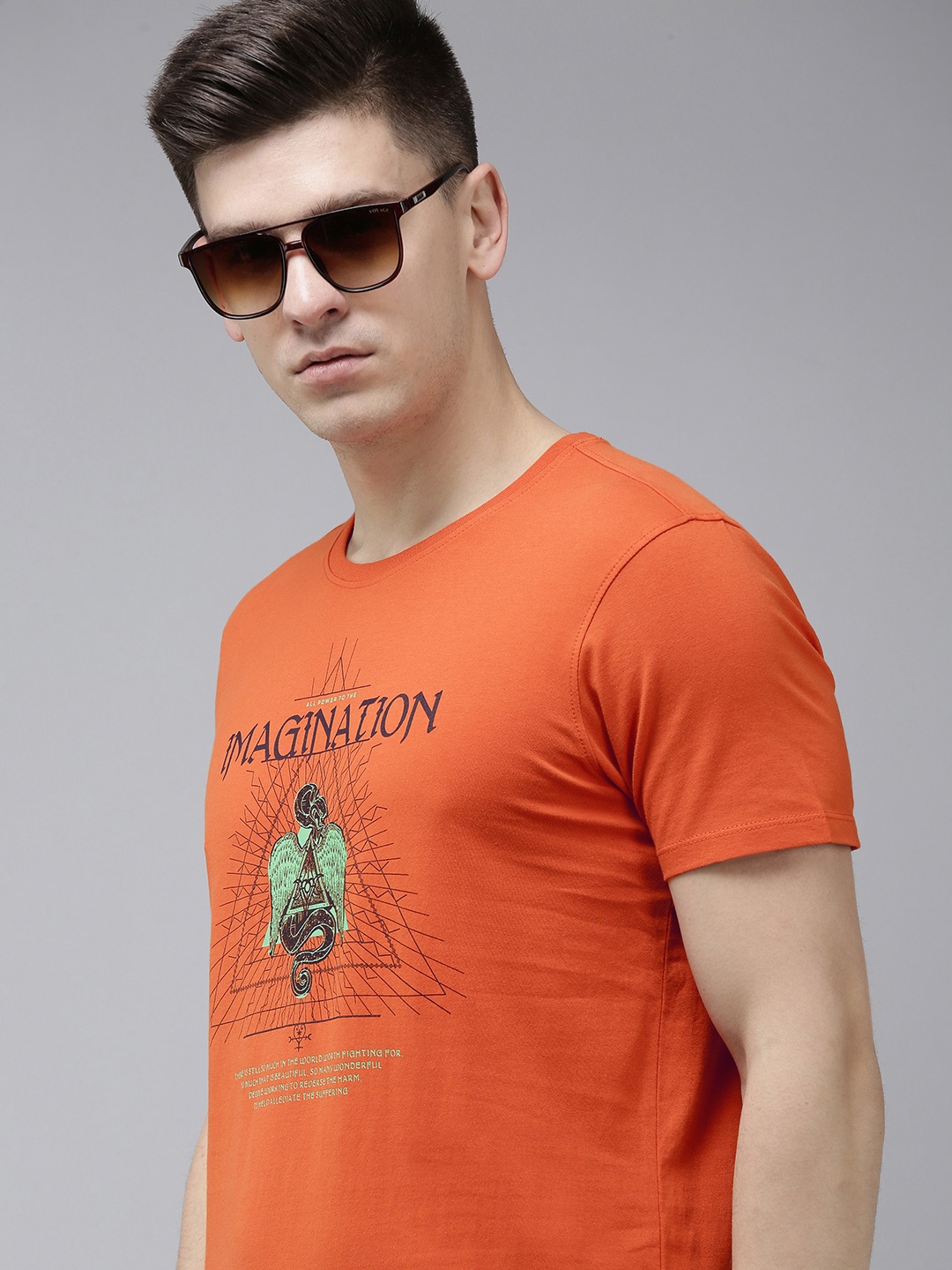 

SPYKAR Men Orange Typography Printed Pure Cotton Slim Fit Round Neck T-shirt