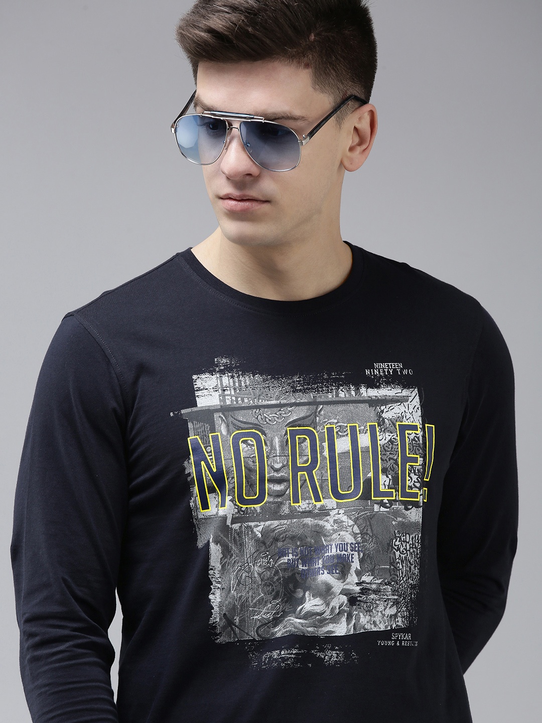 

SPYKAR Men Navy Blue Printed Slim Fit Round Neck Pure Cotton T-shirt