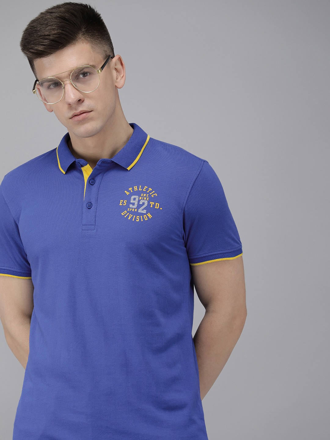 

SPYKAR Men Blue Typography Printed Polo Collar Slim Fit Casual T-shirt
