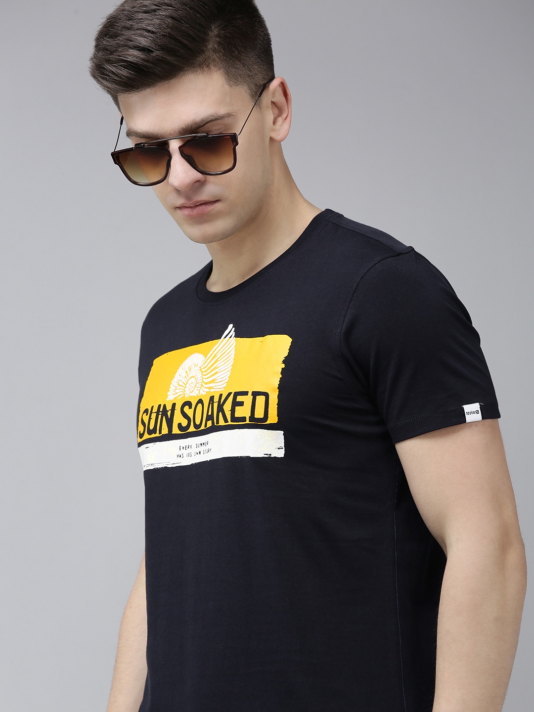 SPYKAR Men Navy Blue Typography Printed Slim Fit T-shirt